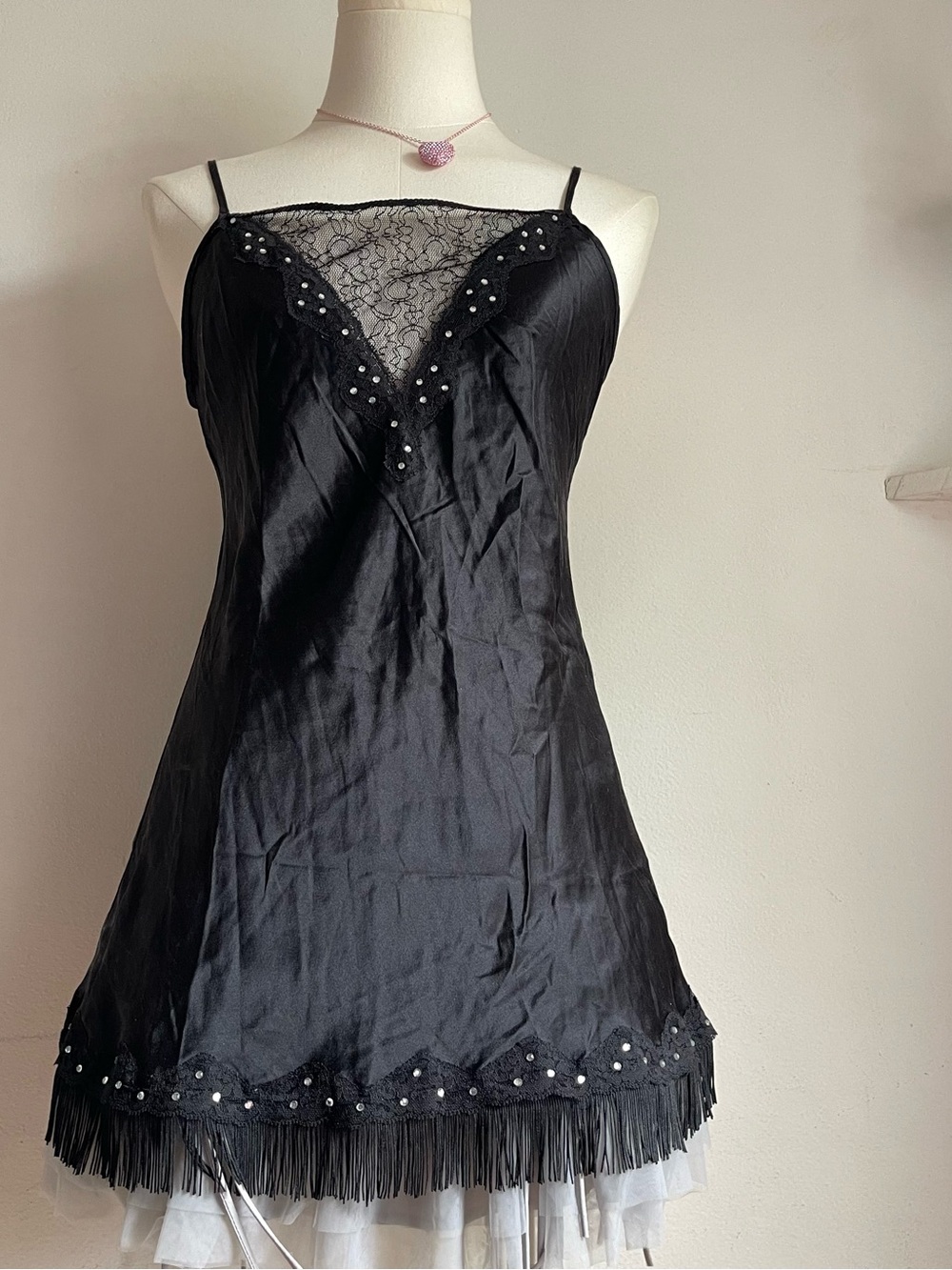 Victoria's Secret Black Lace-Trim Slip with Fringe Hem